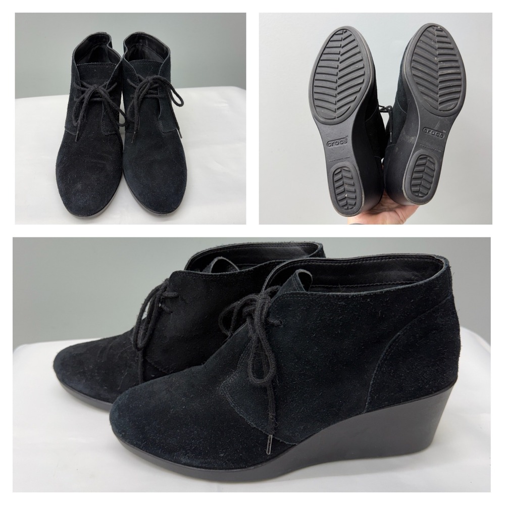 Crocs Leigh II Suede Wedge Ankle Bootie Black Lace Up 203419 Womens 10